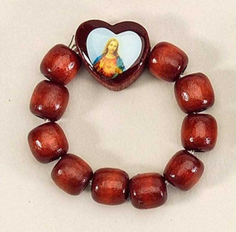 Finger Rosary in Shiny Cherry Wood with Religious Charm - Rosario De Dedo
