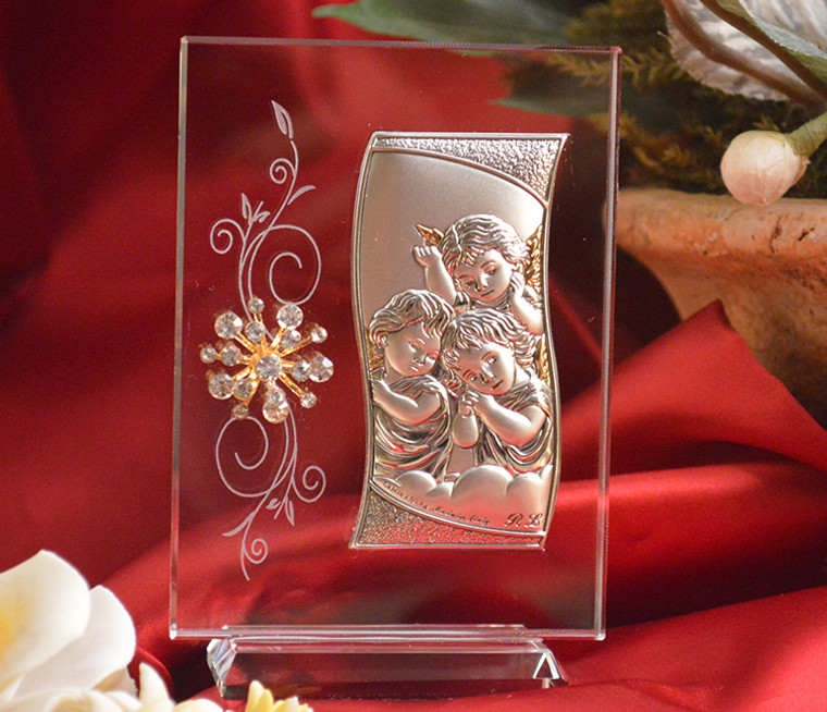 Italian Silver Angels Icon On A Glass StandÂ With Swarovski Crystals