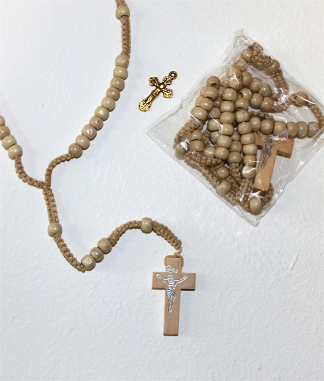 Natural Wood Rosary Necklace with Round Beads