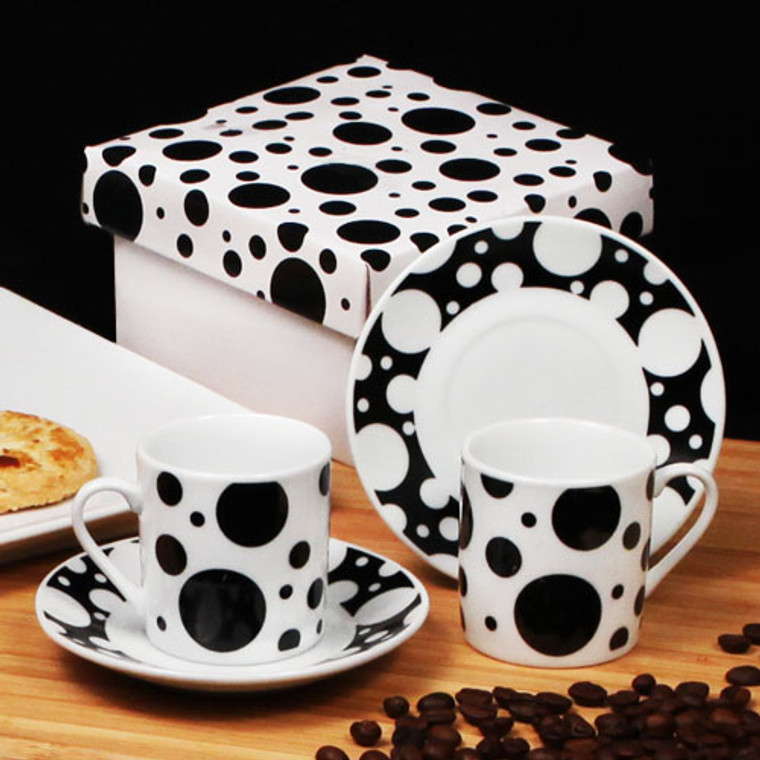 "Polka Dots" Espresso Set of 2 Cups with Saucer in a Fancy Box