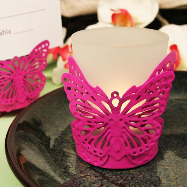 "Latticed Butterfly" Pink Butterfly Shaped Steel Candle/Card Holder With Glass Cup And Tea Light Candle