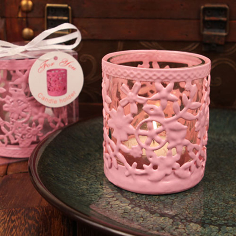 "Glowing Garden" Pink Steel Candle Holder With Glass Cup And Tea Light Candles