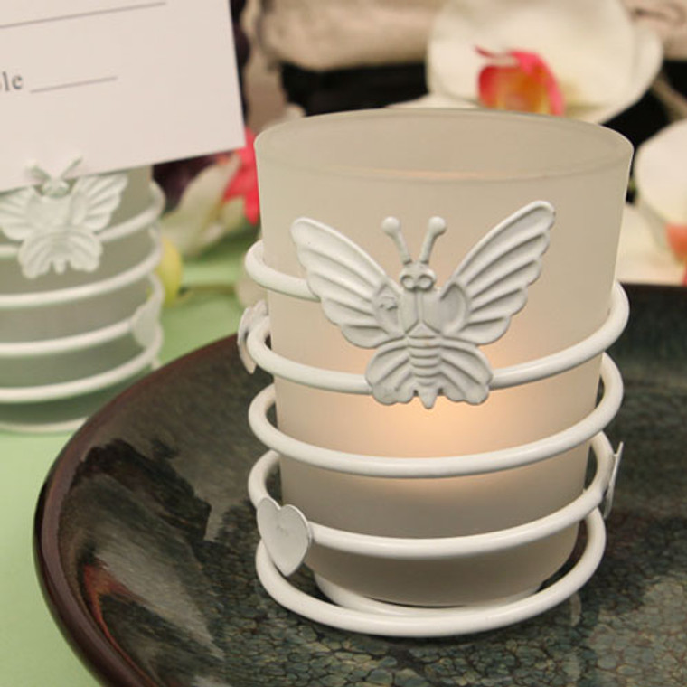 "Butterfly Heart Swirl" White Steel Candle Holder With Glass Cup And Tea Light Candle