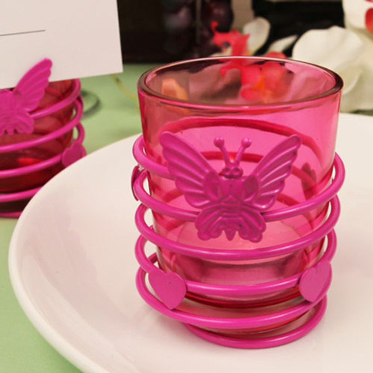 "Butterfly Heart Swirl" Hot Pink Steel Candle Holder With Glass Cup And Tea Light Candle