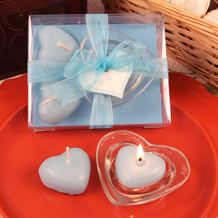 "Three Little Hearts" Heart Shaped Blue Candles With Tray