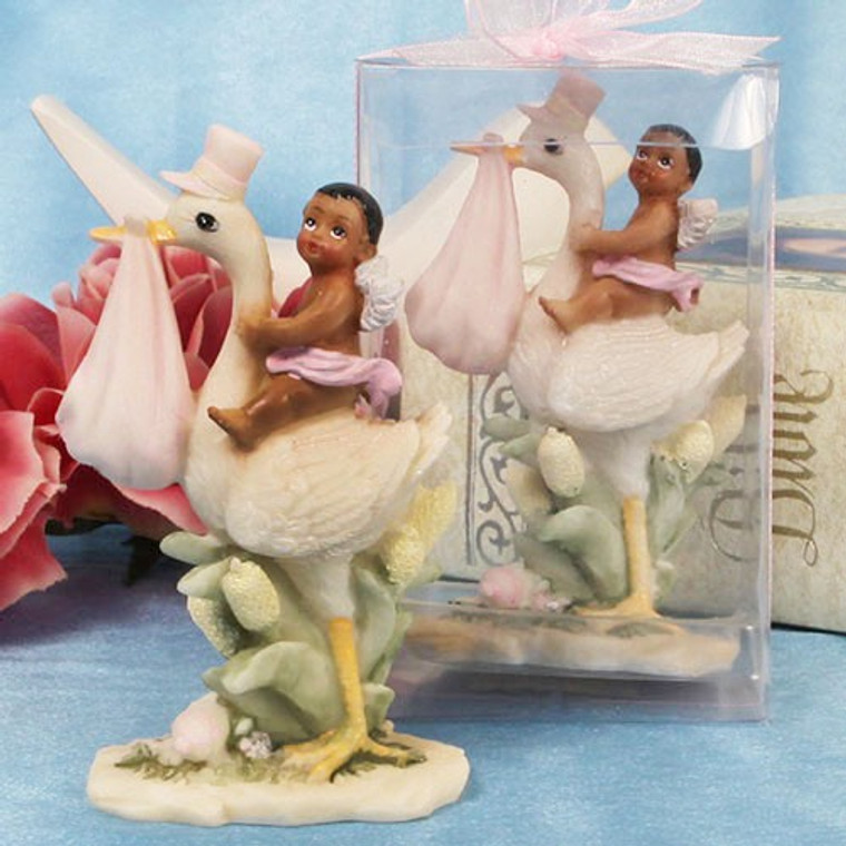 Special Delivery Stork Figurine With Pink African American Girl Accents