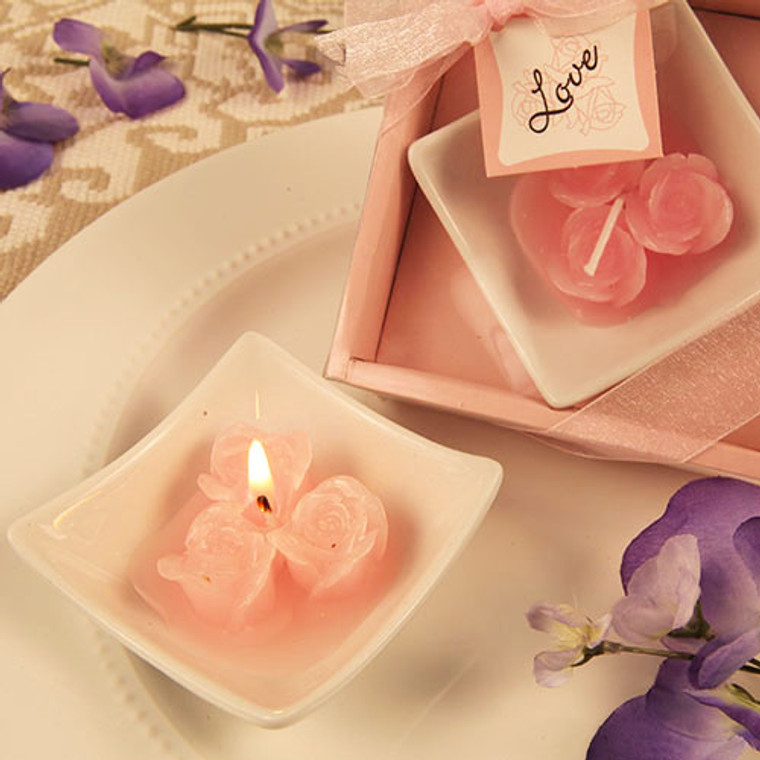 "Lovely Little Roses" Pink Rose Candles With Tray
