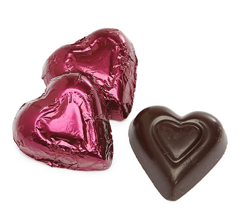 Dark Chocolate Burgundy Color Foiled Hearts - 1 LB Madelaine Premium Chocolate, 60 Pieces