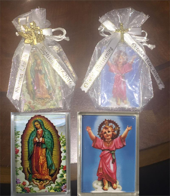 Gaudalupe or EL DIVINO NI??ñO Icon Magnet in Bag with Ribbon & Charm Personalized Baptism Favors