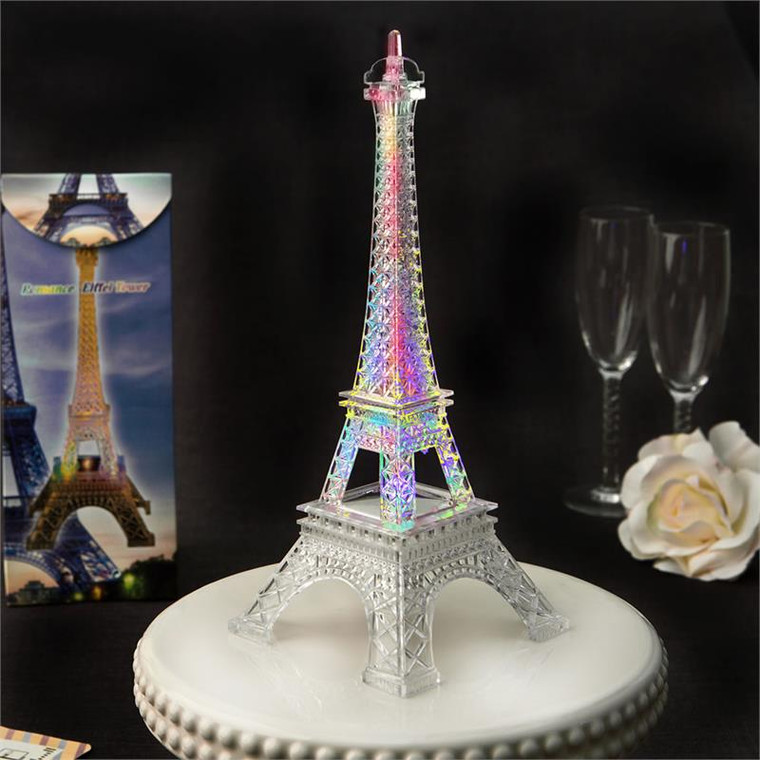 Large 10" Eiffel Tower Centerpiece In Clear Acrylic Plastic With Colorful Led Lights
