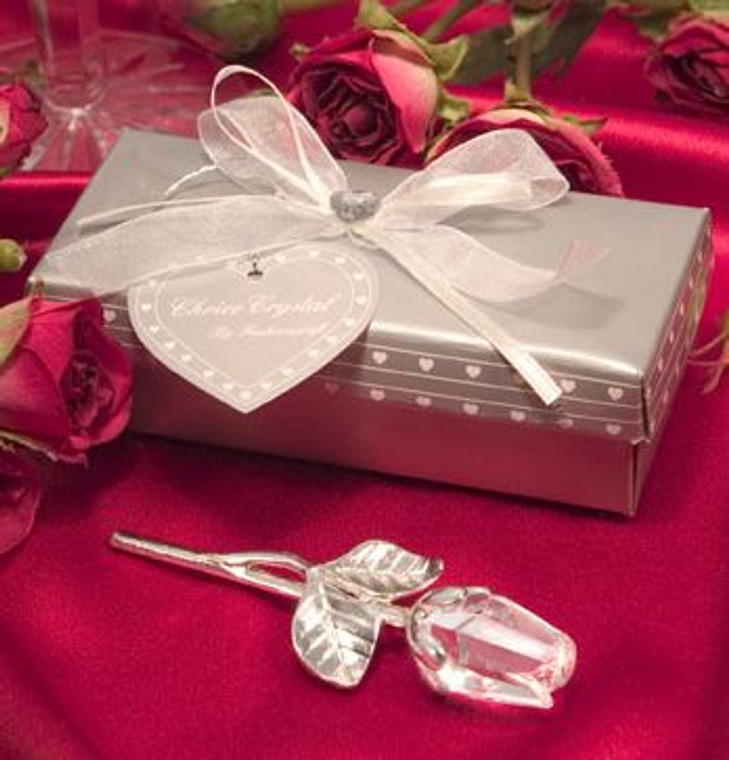 Crystal Rose w/Silver Stem & leaves in a Fancy Box