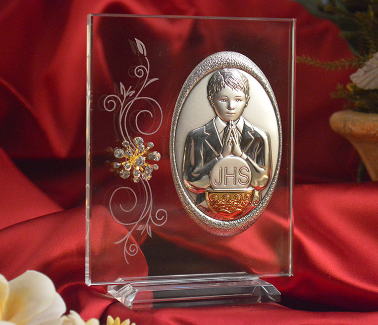 Italian Argento First Communion Boy Silver and Gold on Glass with Swarovski Crystal Oval
