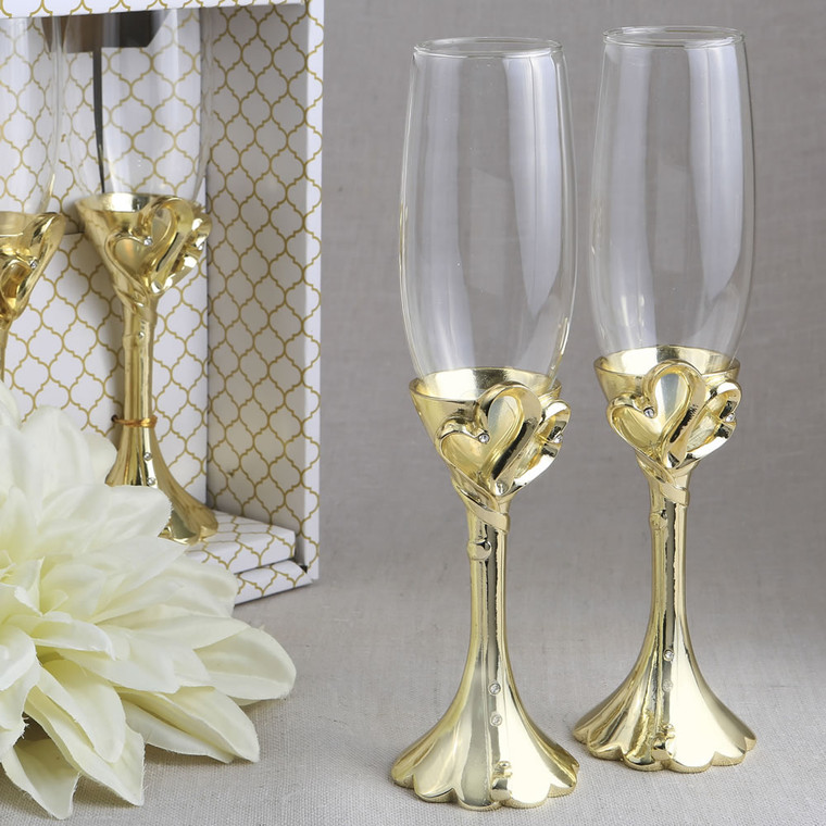 Set Of 2 Gold Double Hearts Themed Toasting Flutes