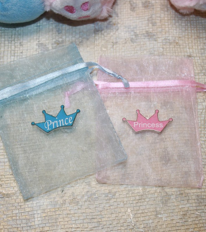 Organza Bag with Prince or Princess Crown Charm - Blue or Pink