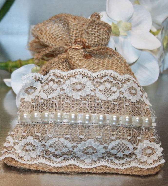 Natural Burlap Bag with Lace and Pearl Decoration - Plain or Personalized