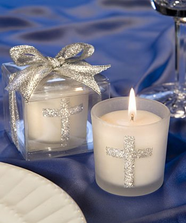 Glass Votive Candle w/Sparkling Silver Cross in a clear box w/Ribbon