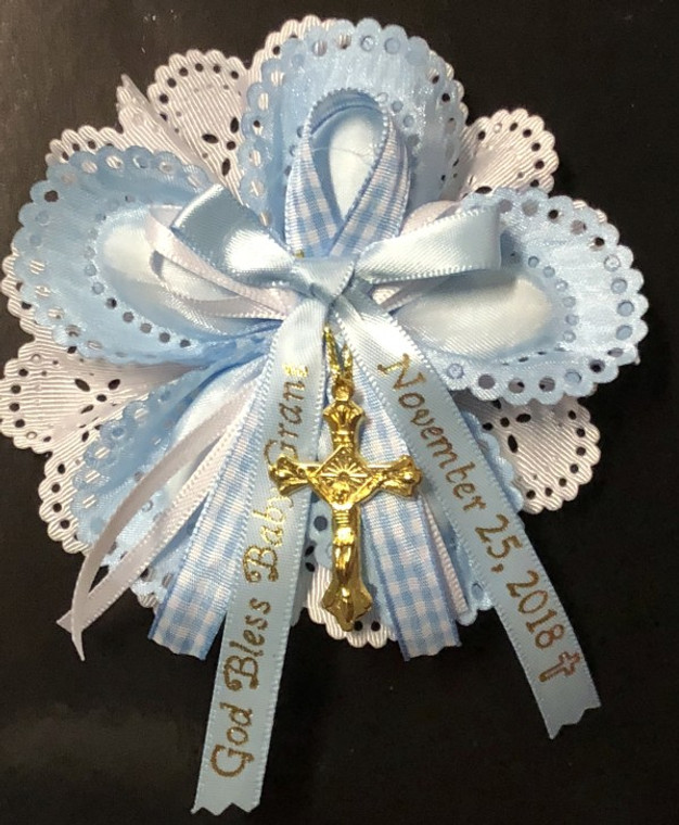 Fancy Organza Almond Holder w/ Pewter Cross and Satin Ribbons