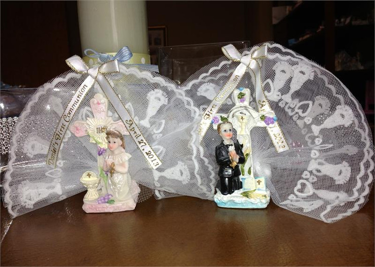 Complete First Communion Favors Girl or Boy with Chalice Decorated w/Communion Tulle, Jordan Almonds & Personalized Ribbon