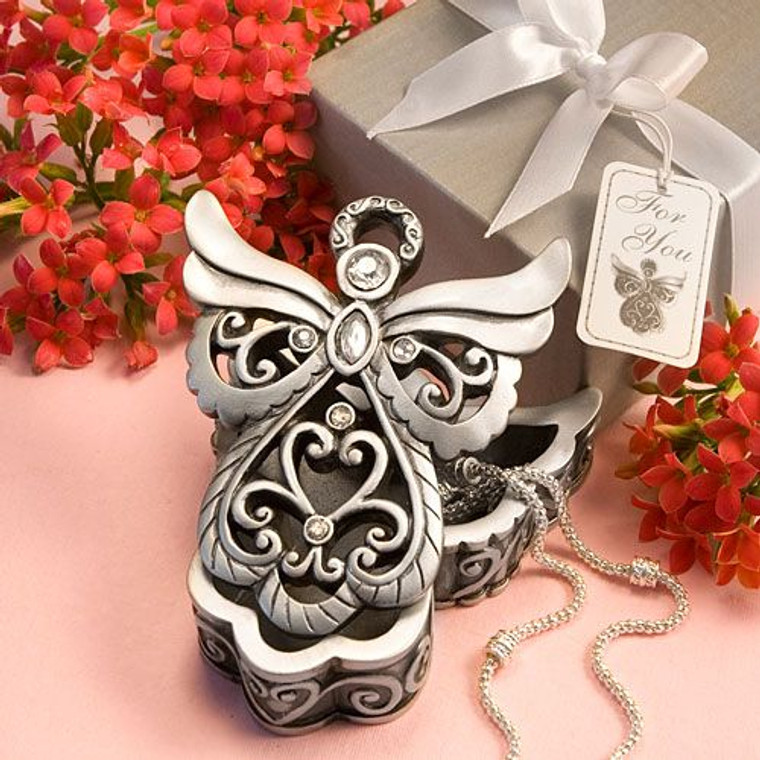 Fancy Pewter Angel Design Curio Box w/ Rhinestones in a Fancy Box & Ribbon