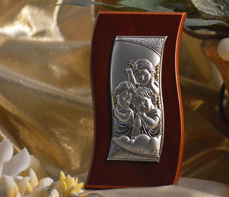 Italian Silver Angels Icon On A Wavy Wood Stand
