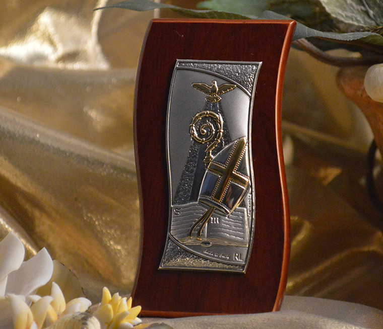 Italian Silver Confirmation Icon On A Wavy Wood Stand