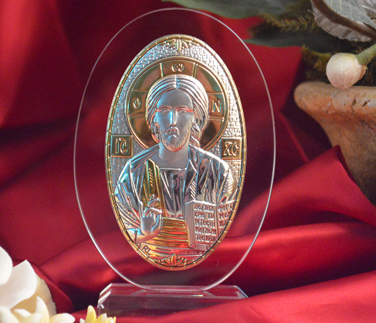 Italian Silver Greek Orthodox Christ Icon On Oval Glass Stand