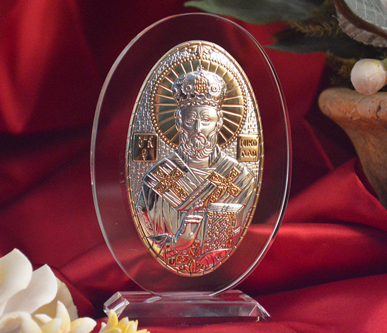 Italian Silver Greek Orthodox Saint Nicholas Icon On Oval Glass Stand