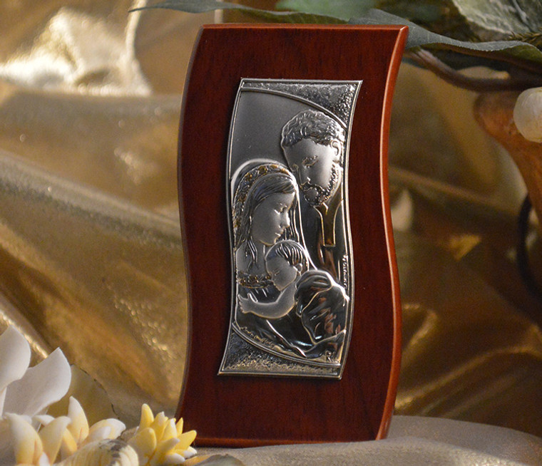 Italian Silver Holy Family Icon On A Wavy Wood Stand