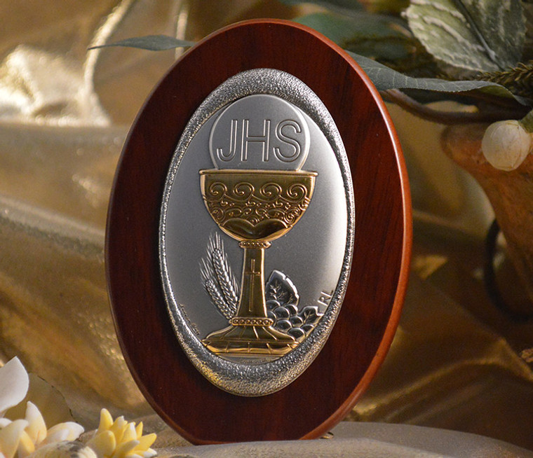 Italian Silver Chalice Icon On An Oval Wood Stand
