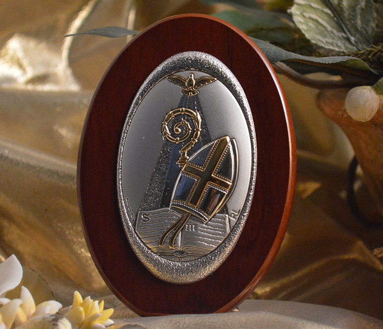 Italian Silver Confirmation Icon On An Oval Wood Stand