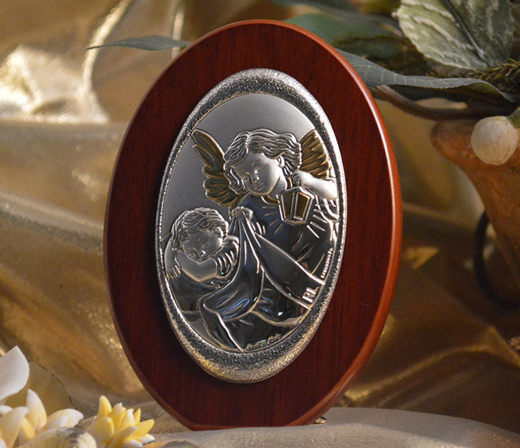 Italian Silver Guardian Angel Icon On An Oval Wood Stand