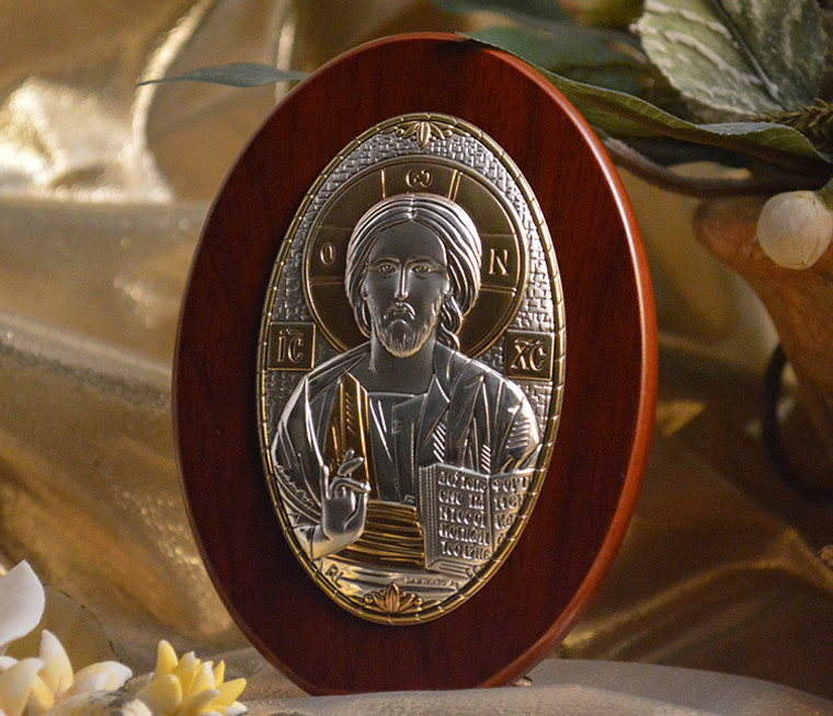 Italian Silver Greek Orthodox Christ Icon On An Oval Wood Stand