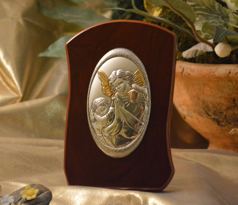 Italian Silver Guardian Angel Icon On A Wood Stand