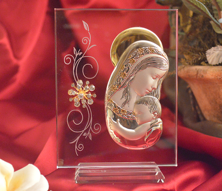 Large Italian Silver Mother And Child Icon On A Glass StandWith Swarovski Crystals