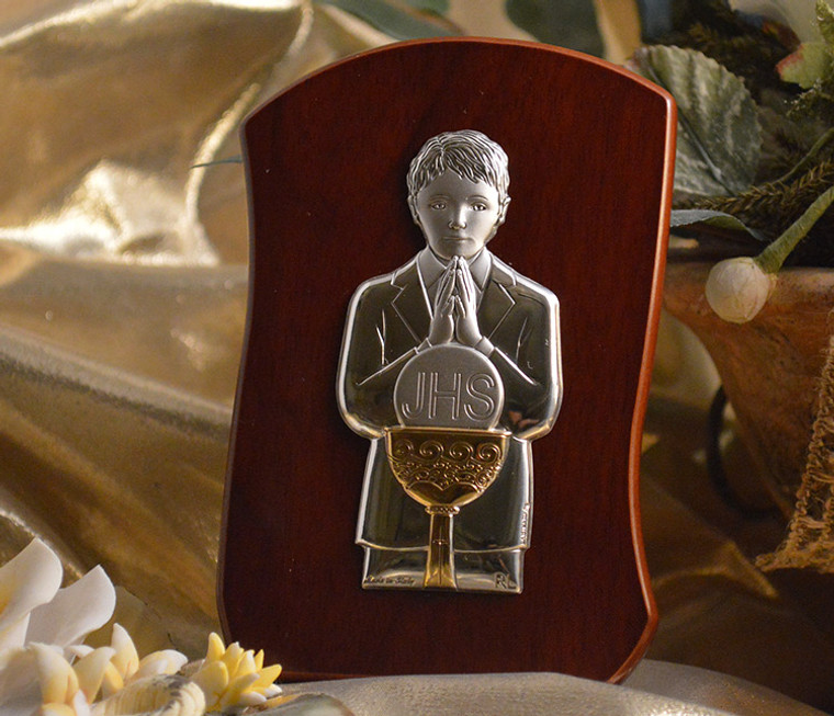 Large Italian Silver First Communion Boy Icon On A Teardrop Wood Stand