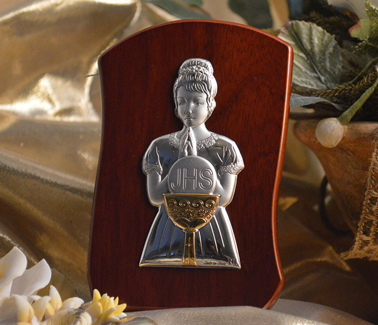 Large Italian Silver First Communion Girl Icon On A Teardrop Wood Stand