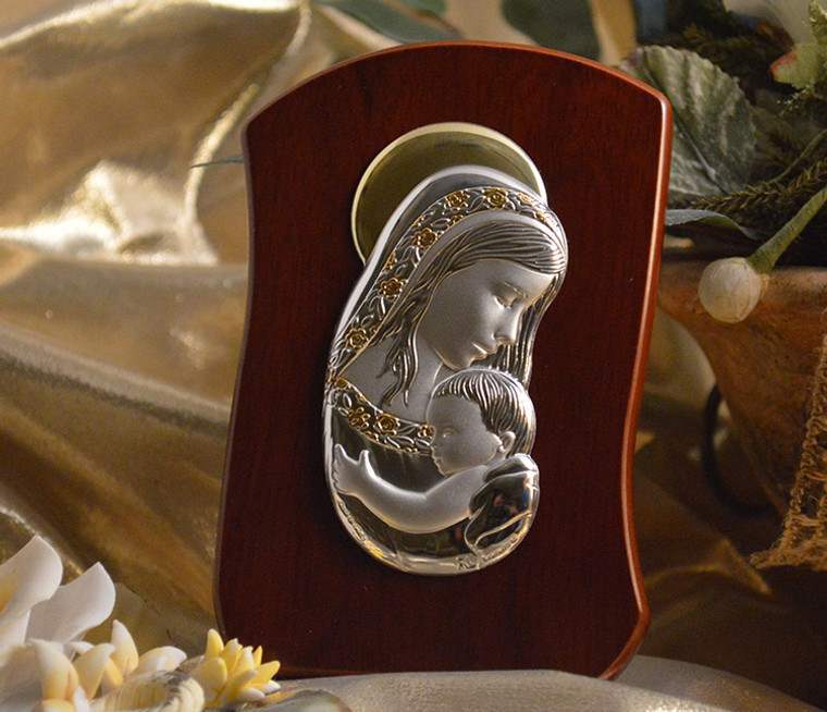 Large Italian Silver Mother And Child Icon On A Wood Stand