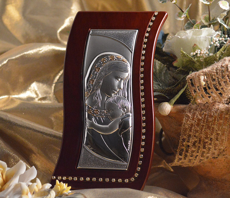 Large Italian Silver Mother And Child Icon On A Wood StandWith Swarovski Crystals