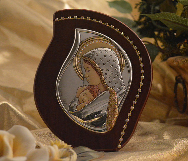 Italian Argento Mother And Child Large Icon On Wood With Swarovski Crystal