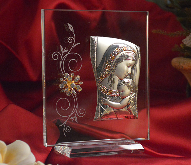 Italian Silver Mother And Child Icon On A Glass Stand - Medium Size