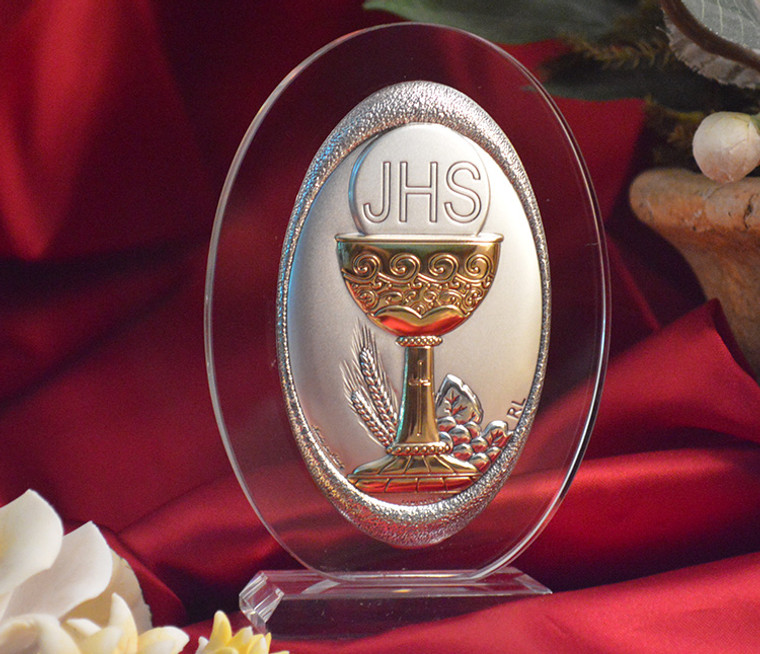 Italian Silver Chalice Icon On Oval Glass Stand