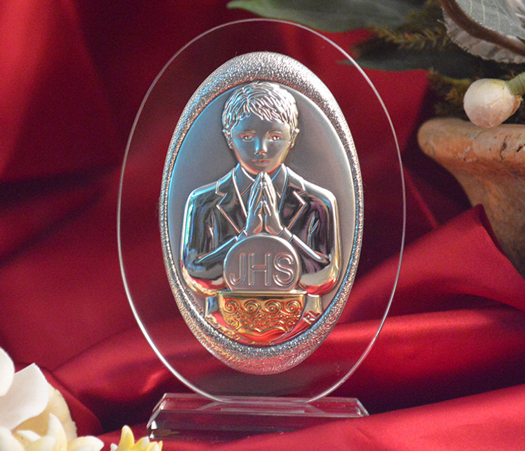 Italian Silver First Communion Boy Icon On Oval Glass Stand