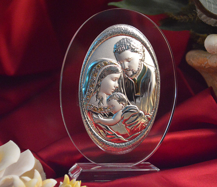 Italian Silver Holy Family Icon On Oval Glass Stand
