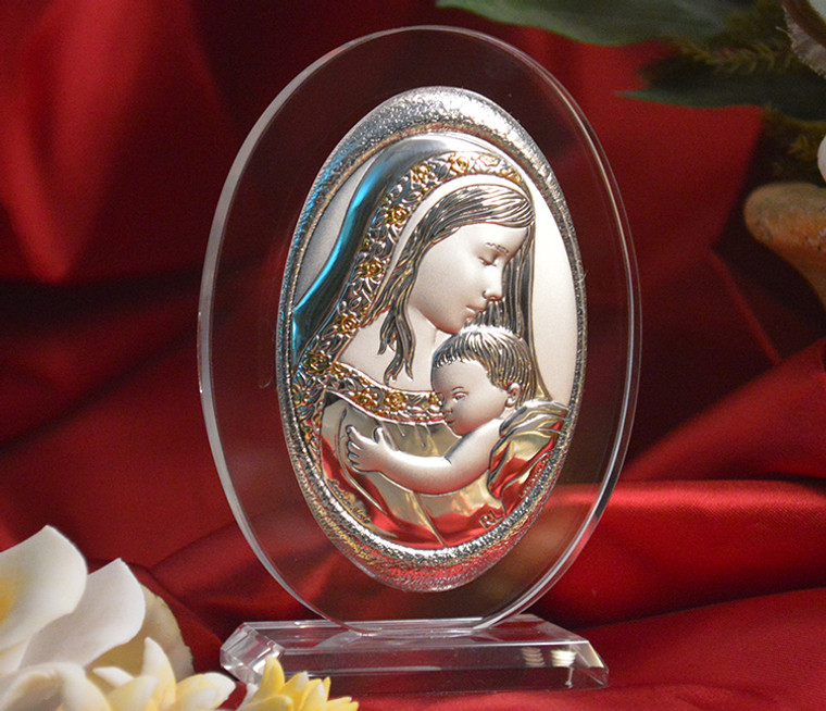 Italian Silver Mother And Child Icon On Oval Glass Stand