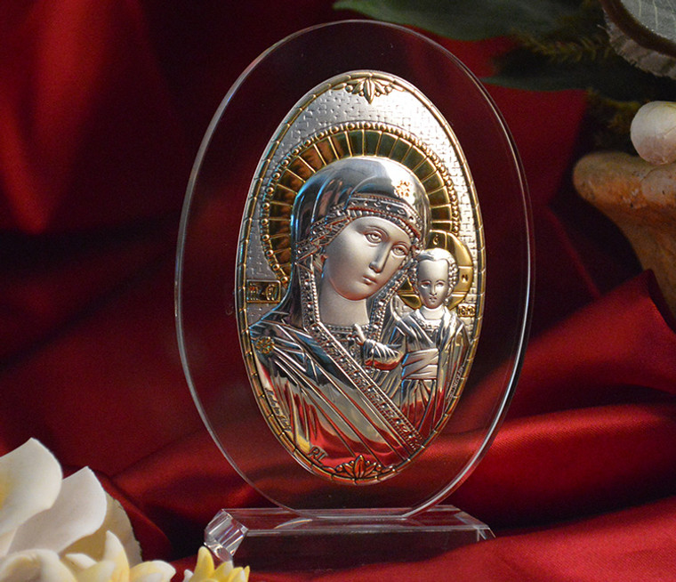 Italian Silver Greek Orthodox Mother Mary Icon On Oval Glass Stand