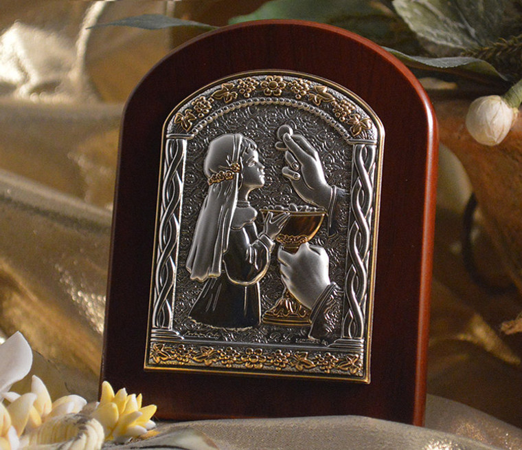 Amazing Italian Silver First Communion Girl Icon On Arch Wood Stand