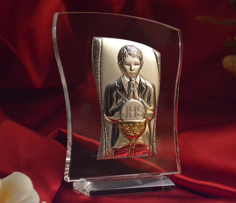 Italian Silver First Communion Boy Icon On A Unique Glass Stand