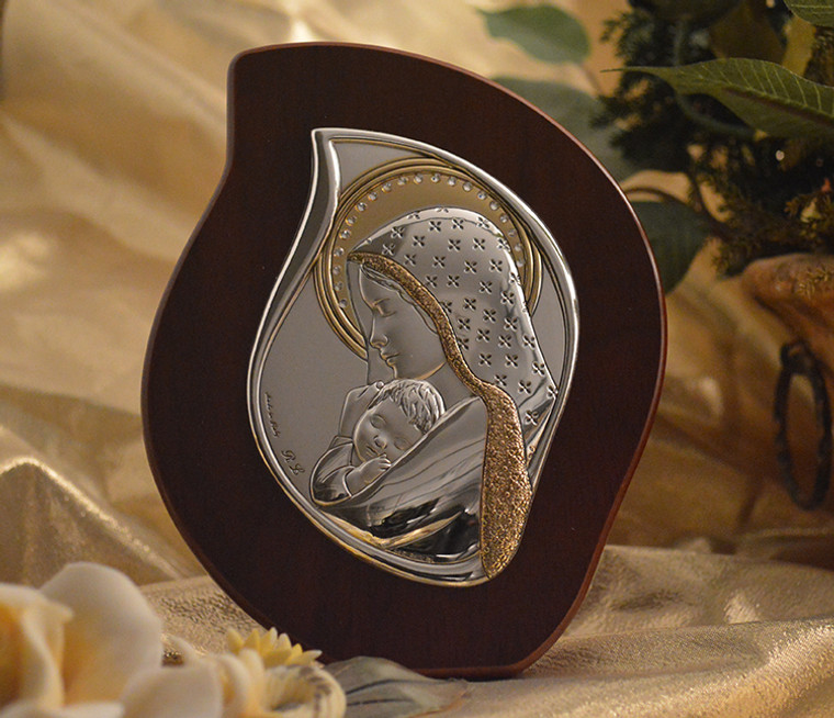 Italian Silver Mother And Child Icon On an Eye Drop Wood Stand