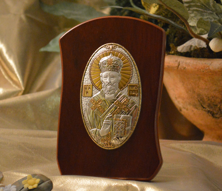 Italian Silver & Gold Orthodox Greek Saint Nicholas Icon On A Wood Stand