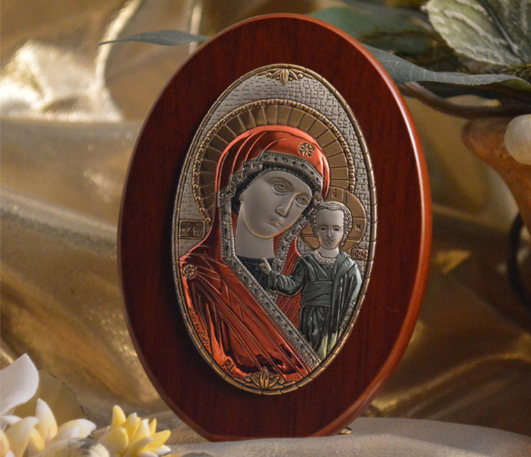 Italian Silver Greek Orthodox Madonna Icon With Colors On A Wood Stand